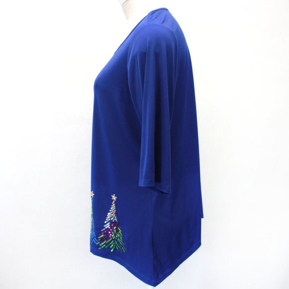 Quacker Factory Plus Blue Sequin Christmas Tree Top Shirt Tunic 2X - Picture 5 of 7